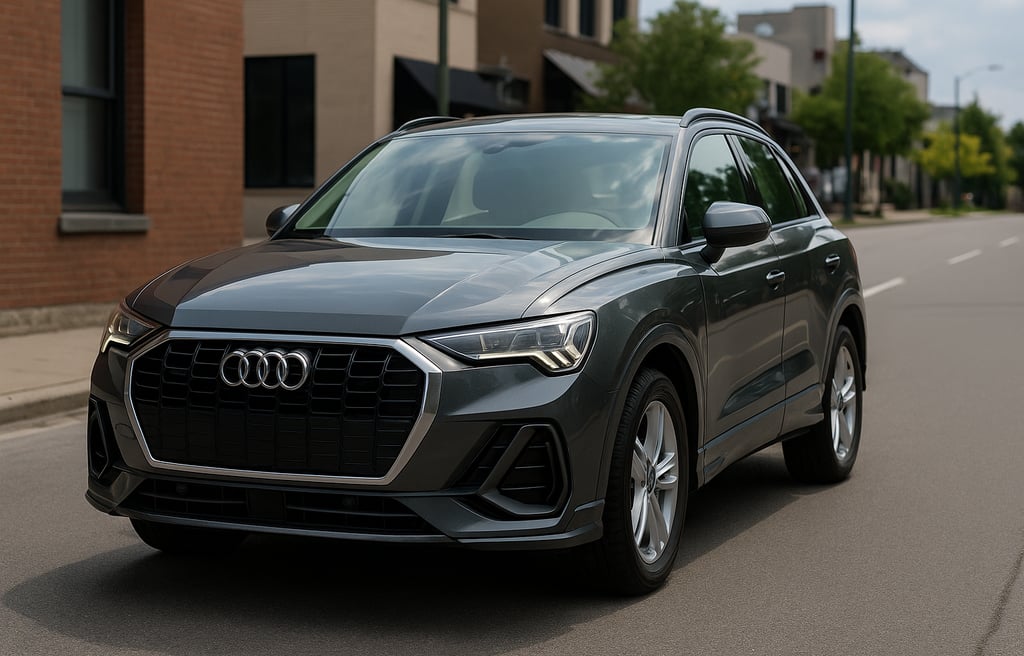 Audi Q3 branco SUV premium estacionado em área urbana, visto de frente e lateral.