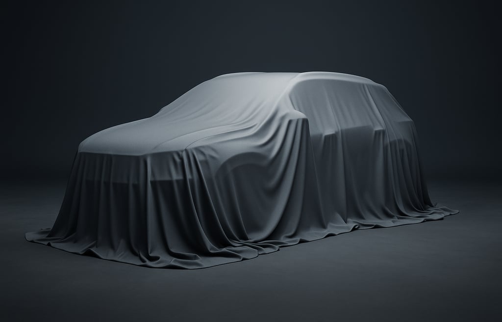 SUV coberta por pano cinza em estúdio automotivo, simbolizando carros ainda não revelados.