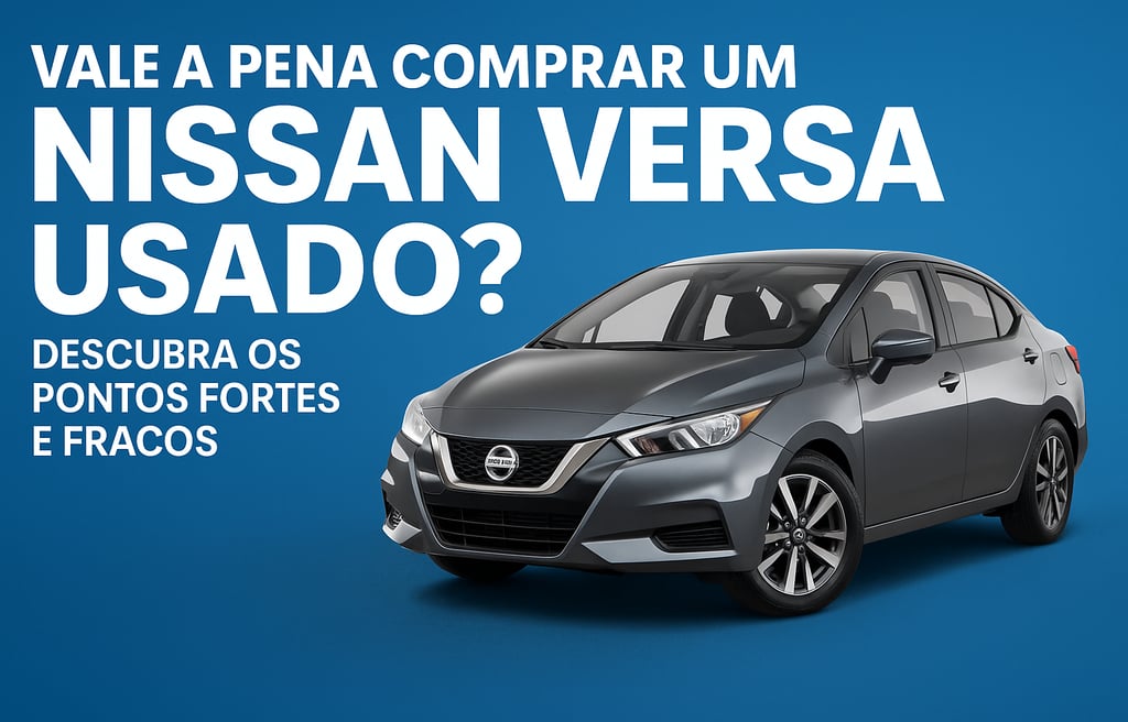 Nissan Versa cinza em destaque sobre fundo azul com título: vale a pena comprar usado