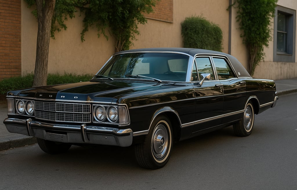 Ford Landau preto clássico dos anos 1970 estacionado em rua urbana, com detalhes cromados na frente 