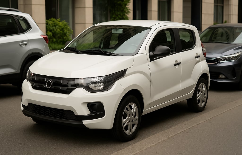 Fiat Mobi branco estacionado entre carros maiores em rua urbana, simbolizando o conceito de carro co