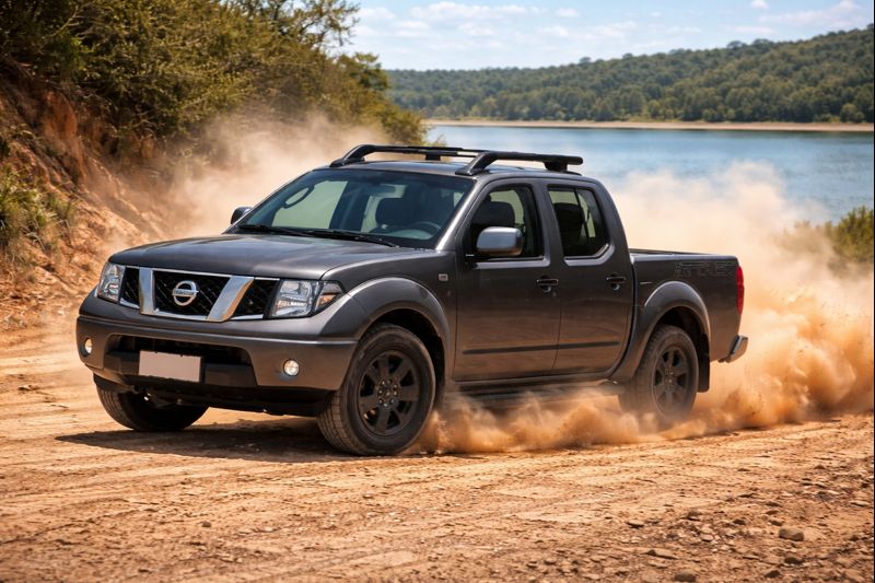 Nissan Frontier em trilha de terra à beira de um lago, vista em 3/4, levantando poeira em cenário of