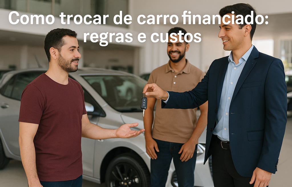 Troca de carro financiado em concessionária no Brasil, vendedor entregando chave para cliente