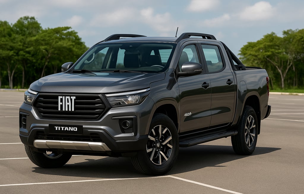 Fiat Titano 2025 em destaque, picape média moderna e robusta, exibida em cenário urbano iluminado.