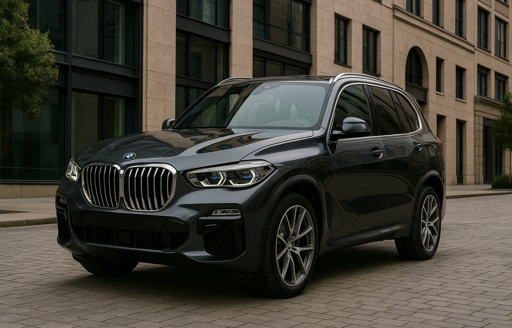BMW X5 xDrive30d estacionado em ambiente urbano de luxo durante o dia, com luz natural e margens lat