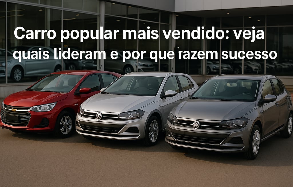 Quatro carros populares lado a lado em concessionária: Chevrolet Onix, Hyundai HB20, VW Polo e Fiat