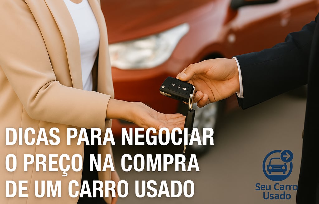 Homem e mulher trocando as chaves de um carro usado em frente a um veículo vermelho, simbolizando um