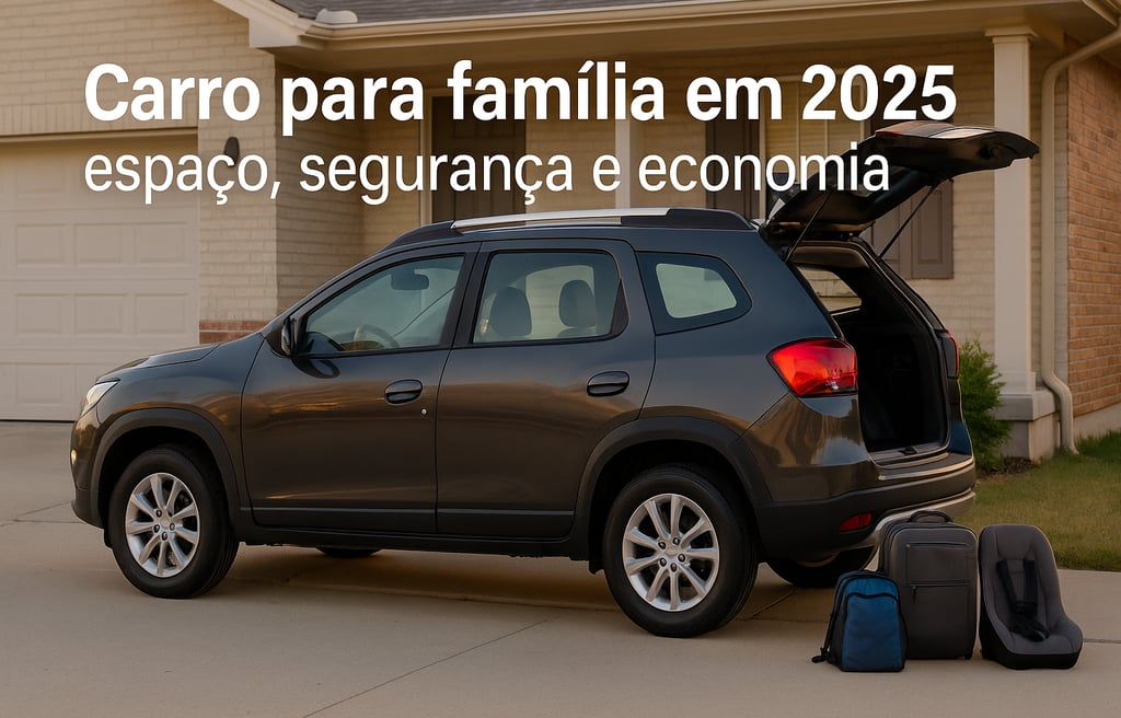 Carro familiar Renault Duster estacionado em frente a uma casa com o porta-malas aberto e bagagens e