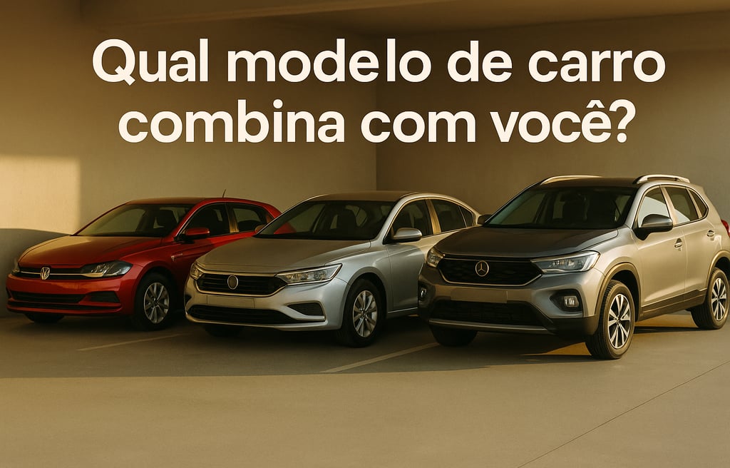 Hatch, sedã e SUV lado a lado em garagem, ajudando a escolher o carro usado ideal