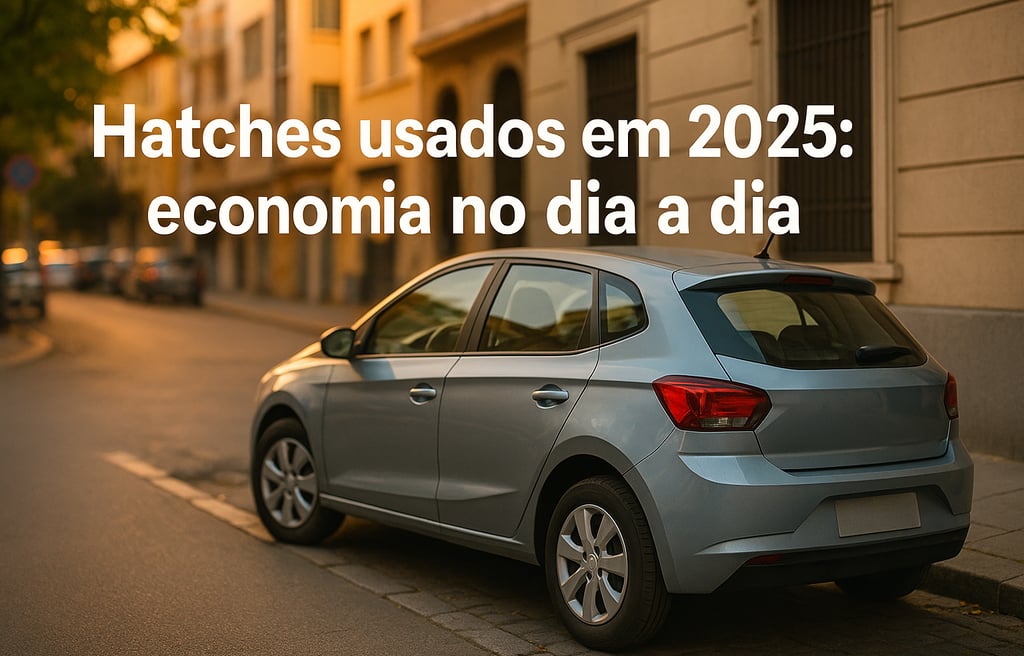 Hatch usado prateado estacionado em rua urbana ao entardecer com texto sobre economia em 2025