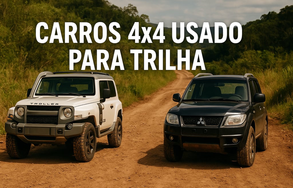 Carros 4x4 usados para trilha, Troller T4 e Mitsubishi Pajero TR4 lado a lado em estrada de terra
