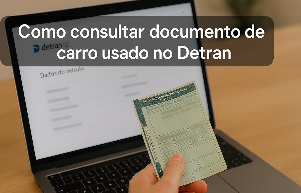 Consulta de documento de carro usado no site do Detran com CRLV em mãos e tela de notebook ao fundo.