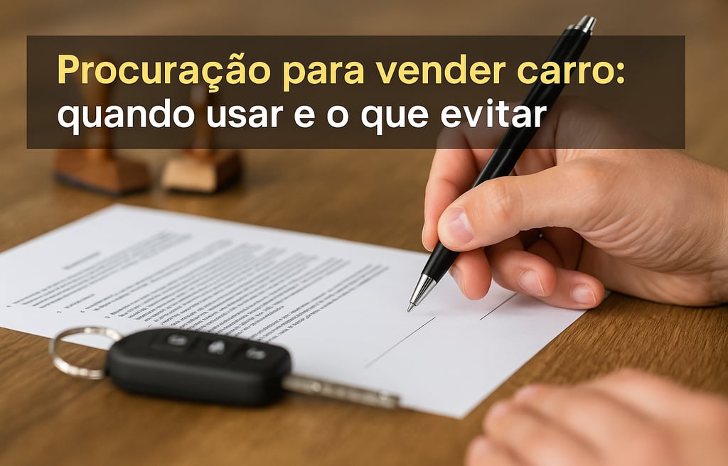 Mão segurando caneta prestes a assinar documento sobre mesa de madeira com chave de carro e carimbos