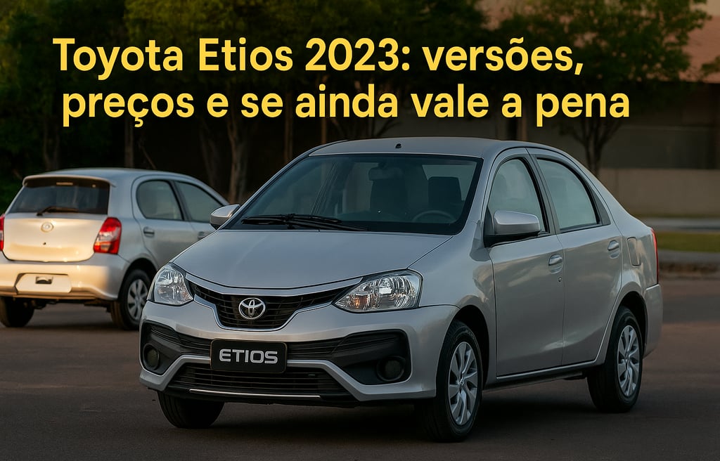 Toyota Etios sedan prata em destaque com Etios hatch ao fundo desfocado, estacionados em pátio ao en