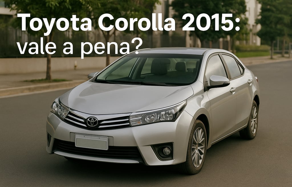 Toyota Corolla 2015 prateado estacionado em rua urbana, com design frontal e lateral em destaque.