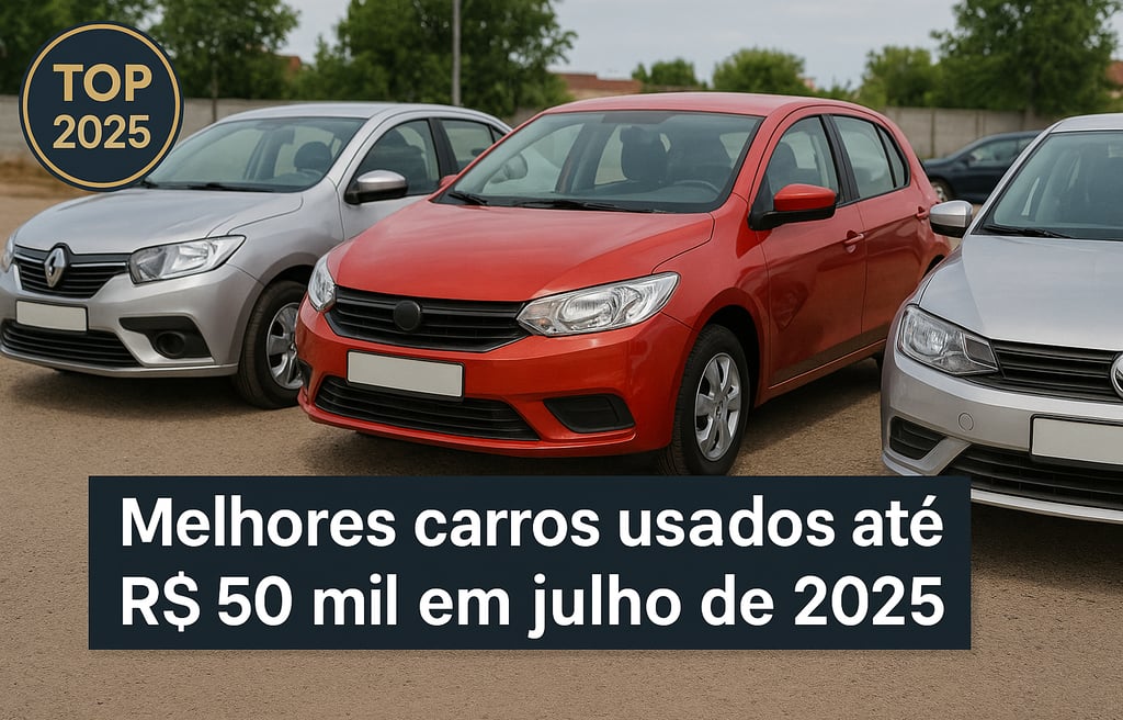 Três carros usados populares (hatch e sedã) estacionados em pátio de loja, com selo “TOP 2025”.