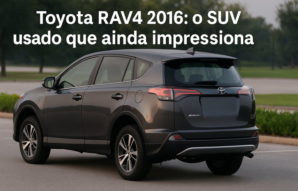 Toyota RAV4 2016 cinza visto de traseira lateral, estacionado em área externa com frase sobreposta.