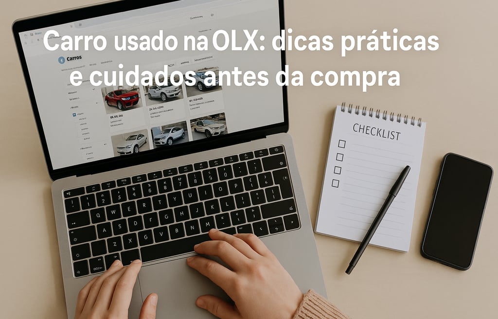 Pessoa pesquisando carros na OLX em notebook, com checklist, caneta e celular sobre mesa clara.