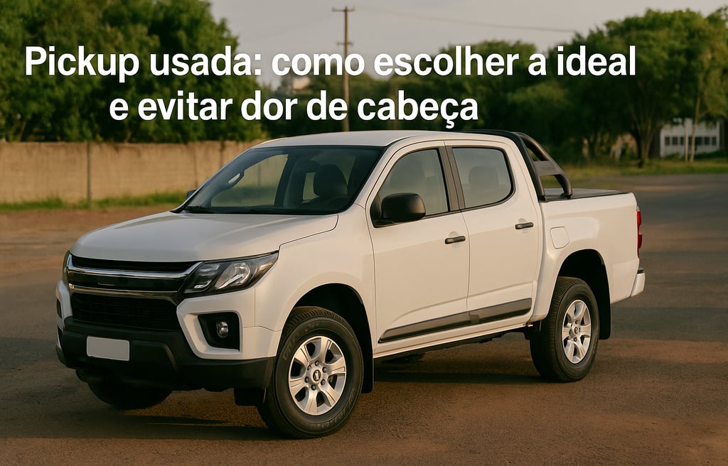 Caminhonete branca seminova estacionada em rua de terra batida, vista em ângulo 3/4 dianteiro ao ent
