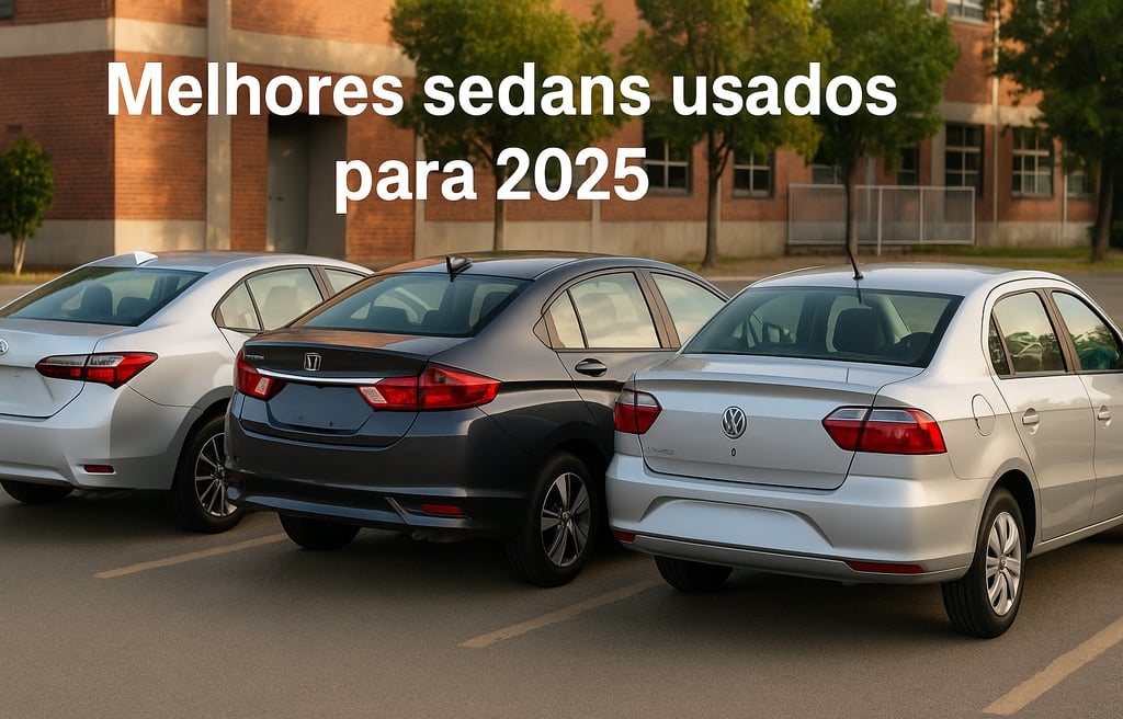 Toyota Corolla, Honda City e Volkswagen Voyage estacionados lado a lado, vistos por trás em ambiente