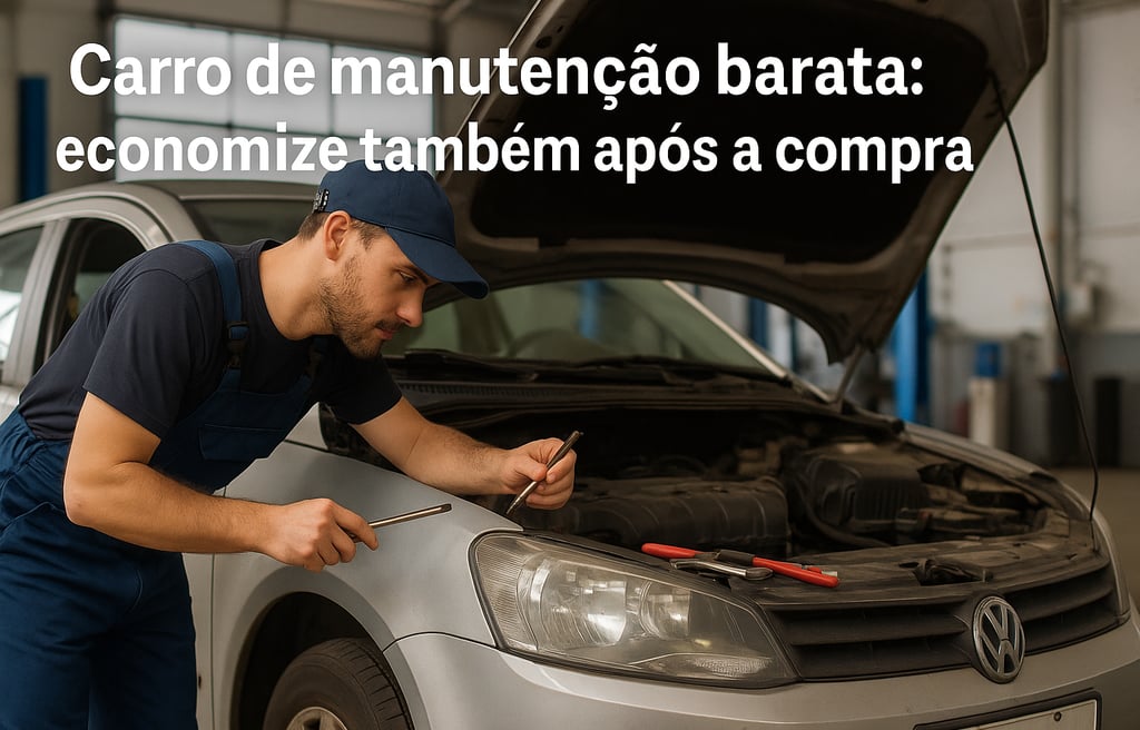 Mecânico inspeciona carro popular com capô aberto em oficina, destacando manutenção acessível.