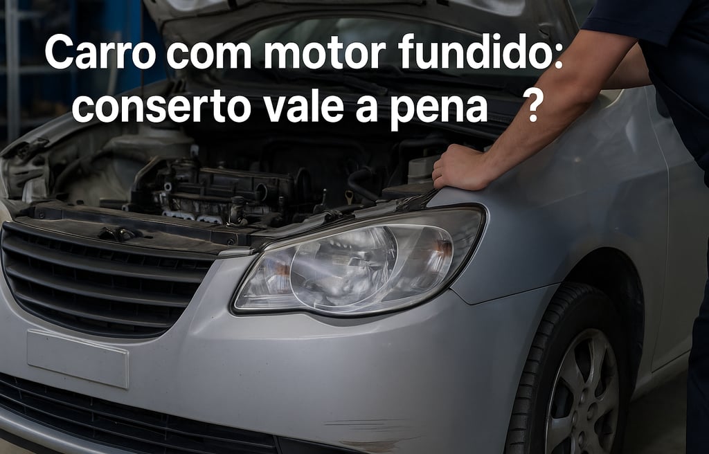 Carro prata com motor desmontado e capô aberto em oficina, com mecânico inspecionando a parte fronta