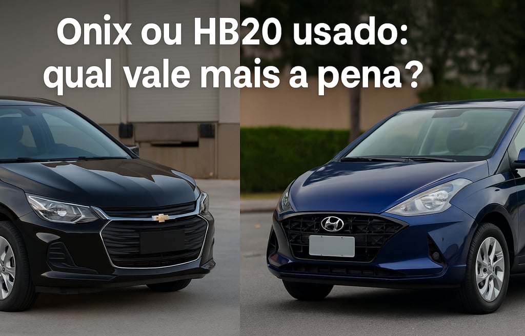 Comparativo visual entre Chevrolet Onix preto e Hyundai HB20 azul, ambos usados, estacionados lado a