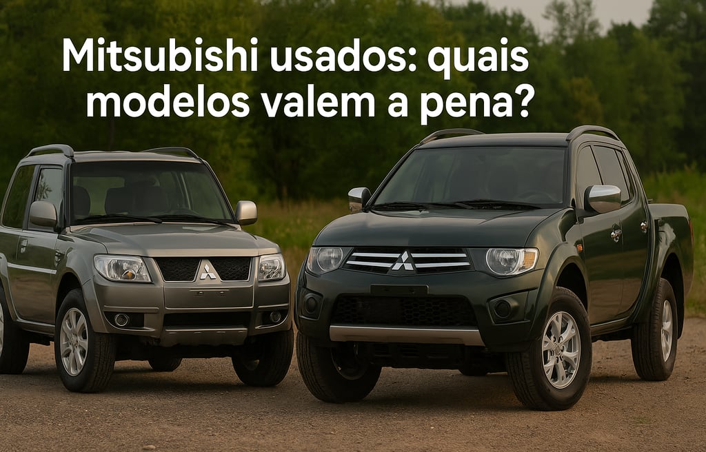 Mitsubishi Pajero TR4 e L200 lado a lado em ambiente externo, com texto “Mitsubishi usados: quais mo