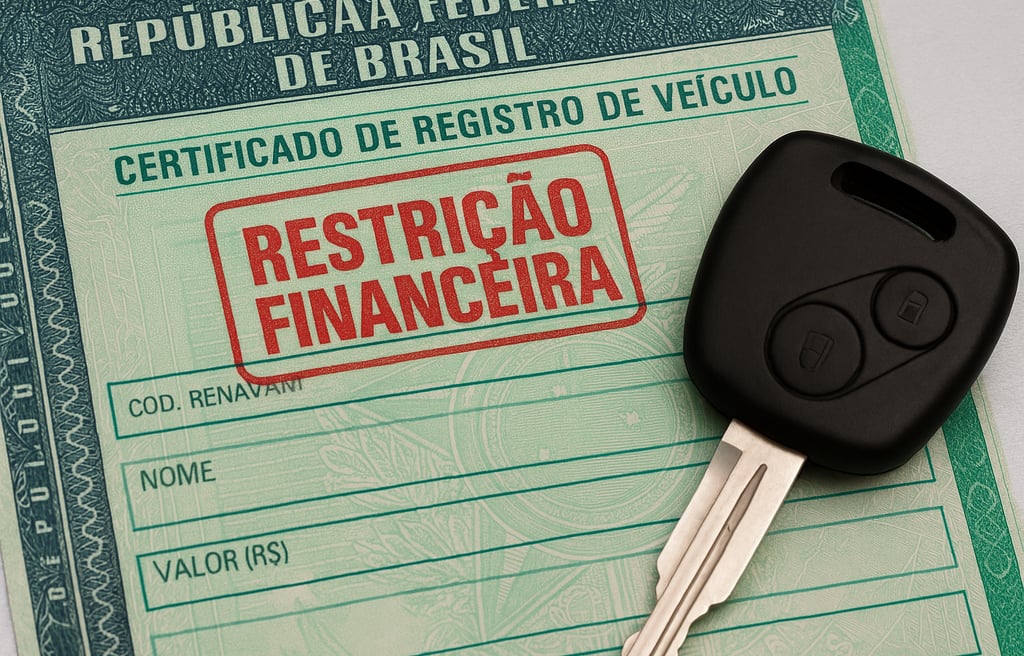 Documento de veículo com carimbo de “restrição financeira” ao lado de uma chave de carro.
