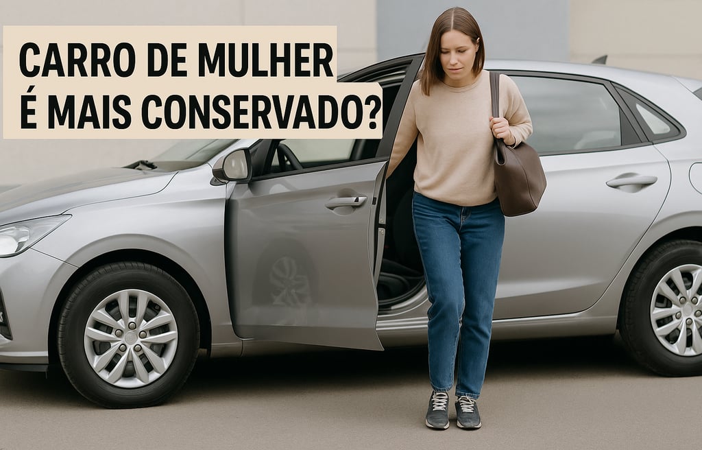 Mulher adulta de roupas casuais saindo de um carro compacto prata, com a porta do motorista aberta, 