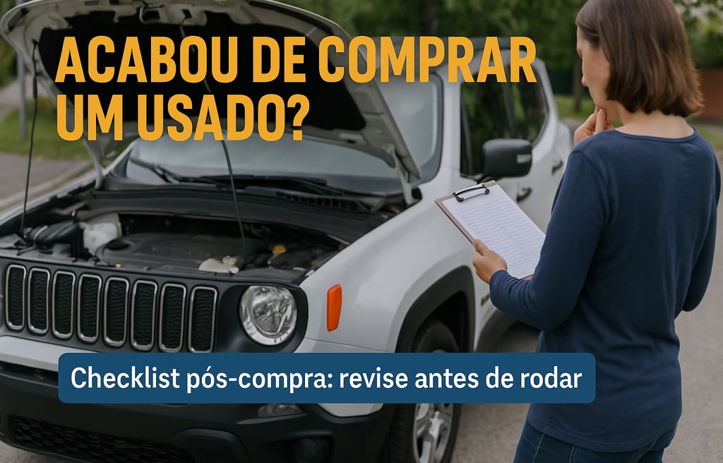 Mulher de costas, segurando uma prancheta com checklist, observa um Jeep Renegade branco com o capô