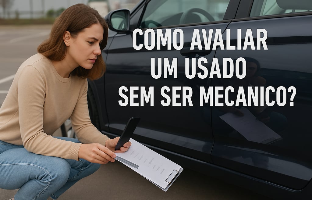 "Mulher jovem agachada ao lado de um carro usado azul escuro, examinando o alinhamento dos pneus com