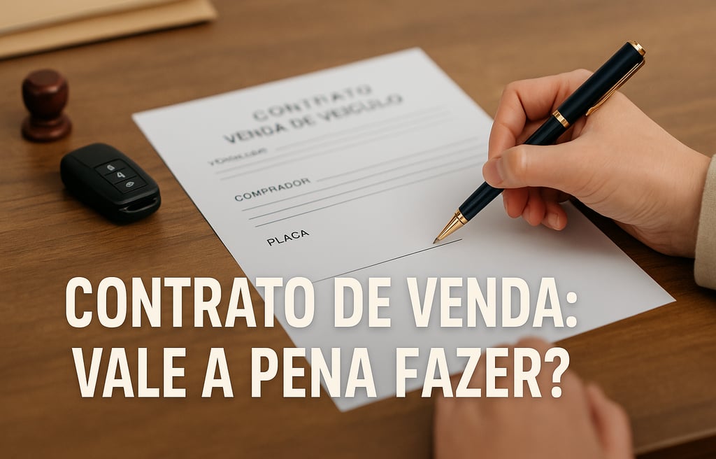 Mão segurando uma caneta prestes a assinar um contrato de compra e venda de veículo sobre uma mesa d