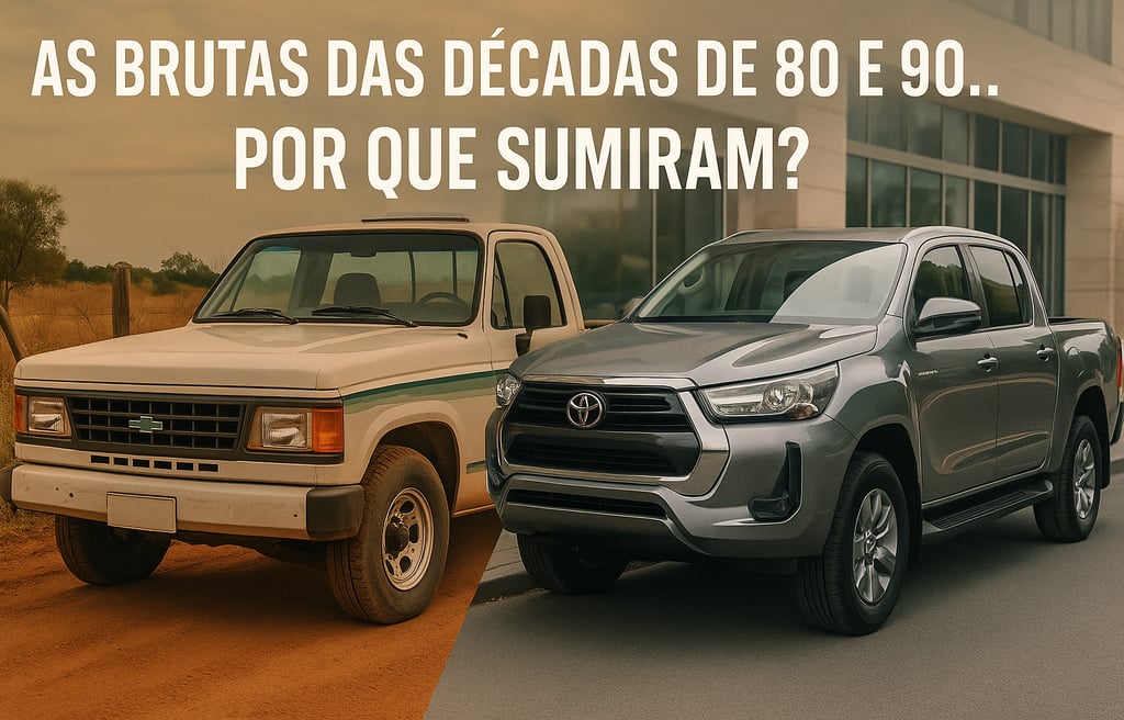 Imagem dividida com fusão suave mostrando, à esquerda, uma Chevrolet D-20 branca com faixa verde est