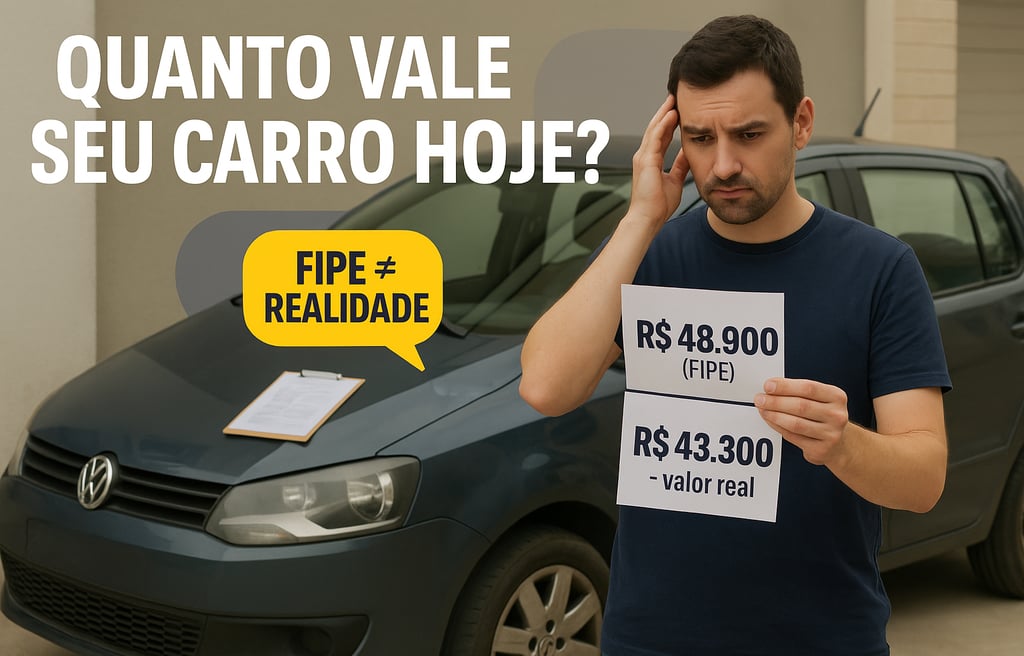 Homem em dúvida ao lado de um Volkswagen Fox preto com sinais leves de uso, segurando dois papéis co