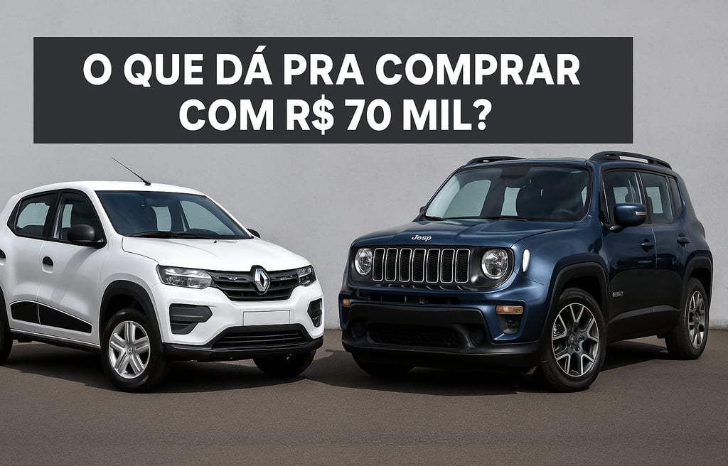 Comparação visual entre um Renault Kwid 0 km (à esquerda) e um Jeep Renegade usado (à direita), com 