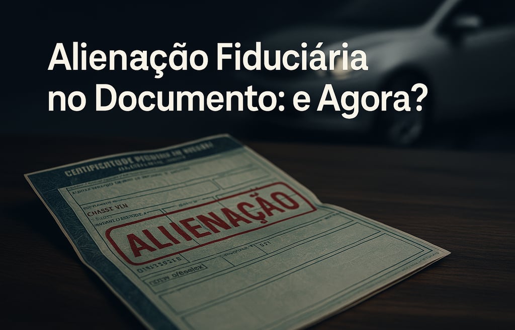 Alt da imagem: Documento CRLV aberto sobre uma mesa de madeira, com carimbo vermelho escrito “ALIENA