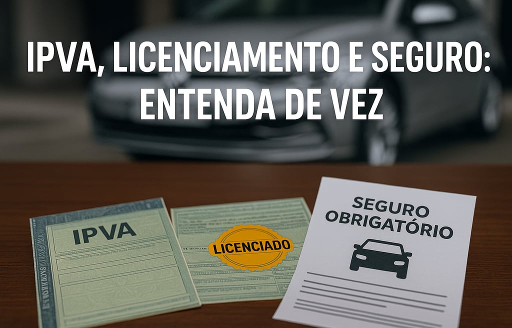 Três documentos sobre uma mesa de madeira — à esquerda, papel verde com “IPVA”; ao centro, documento