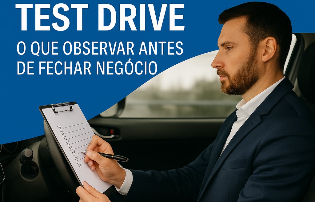 Homem de terno azul sentado ao volante durante um test drive, segurando uma prancheta com checklist,
