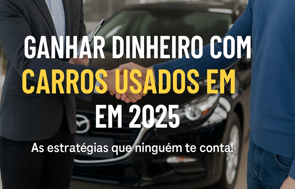 Homens fechando negócio com um aperto de mãos em frente a um carro usado preto, com a frase "Ganhar 