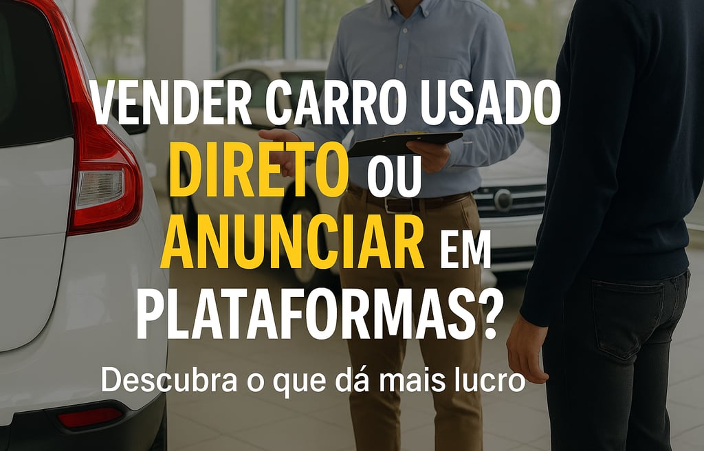Dois homens conversam em uma concessionária de carros usados, com um veículo branco em destaque e a 