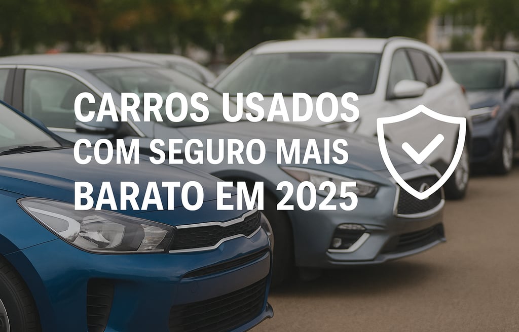 Fila de carros usados estacionados em pátio ao ar livre, com destaque para um sedã azul em primeiro 