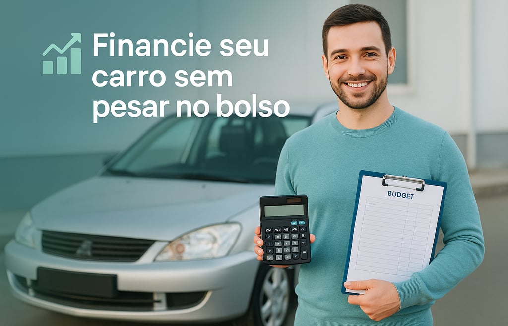  Homem sorridente ao lado de um carro usado, segurando uma calculadora e uma prancheta com planilha 