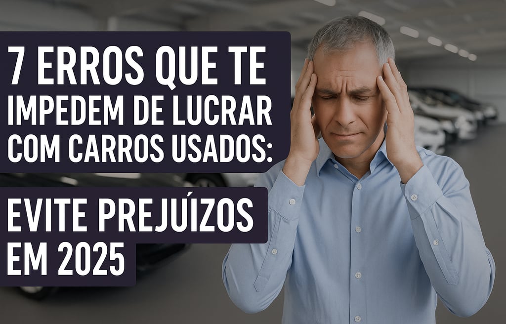 Homem frustrado em concessionária de carros usados com texto "7 erros que te impedem de lucrar com c