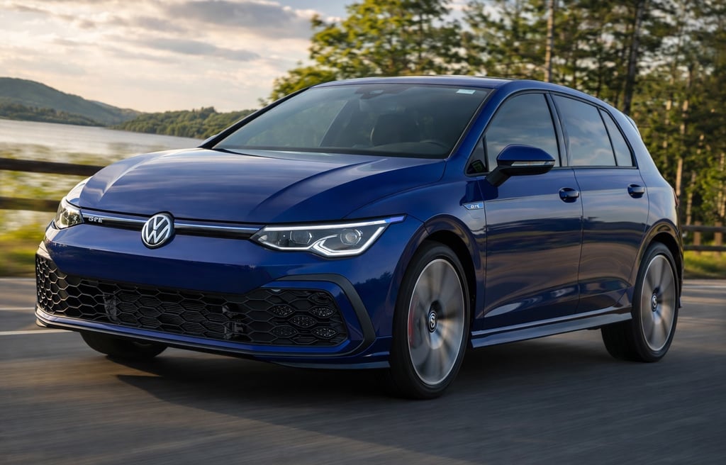 Volkswagen Golf GTE 2020 azul em estrada com foco no design esportivo e tecnologia híbrida plug-in