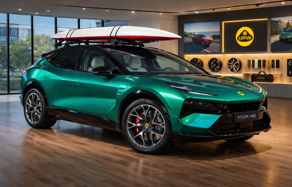 SUV híbrido Lotus For Me verde em showroom com visual premium e alta performance