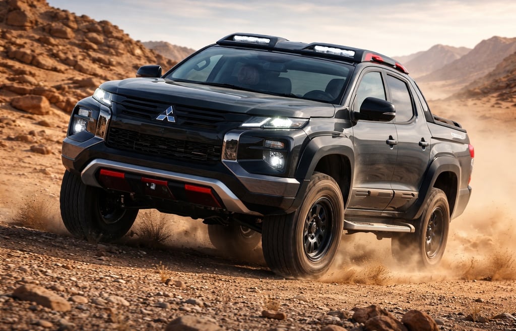 Mitsubishi Triton Raider 2026 em deserto, picape off-road com motor diesel biturbo e tração 4x4
