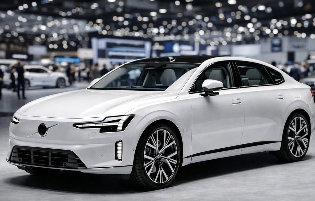 Novo Volvo ES90 2026 elétrico branco em salão automóvel com tecnologia avançada e alto desempenho