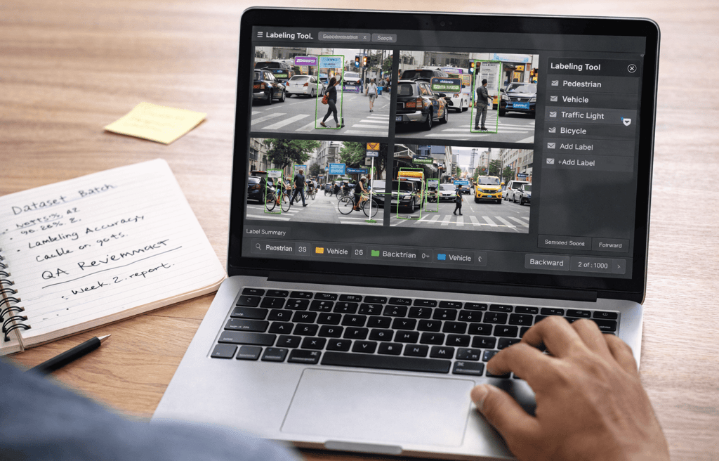 AI data labeling interface on laptop training model dataset