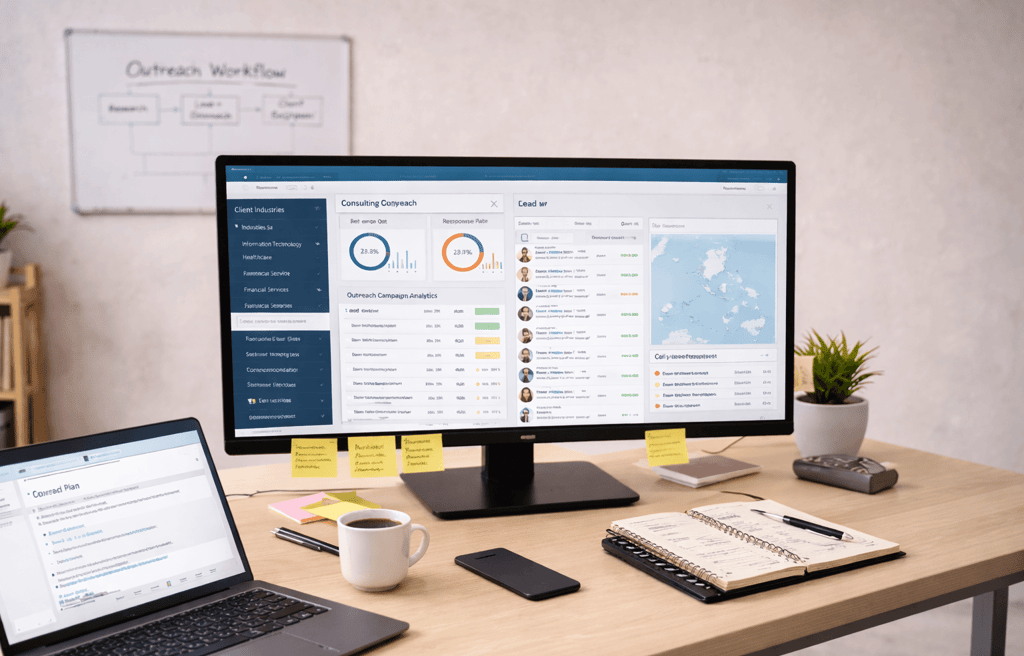 Dual-monitor workstation showing consulting outreach dashboard.